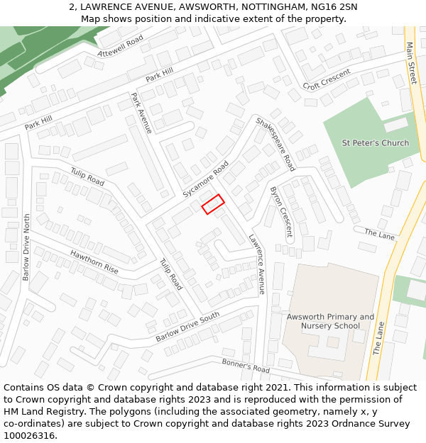 2, LAWRENCE AVENUE, AWSWORTH, NOTTINGHAM, NG16 2SN: Location map and indicative extent of plot