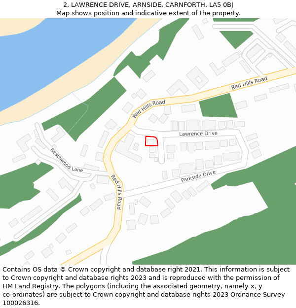 2, LAWRENCE DRIVE, ARNSIDE, CARNFORTH, LA5 0BJ: Location map and indicative extent of plot