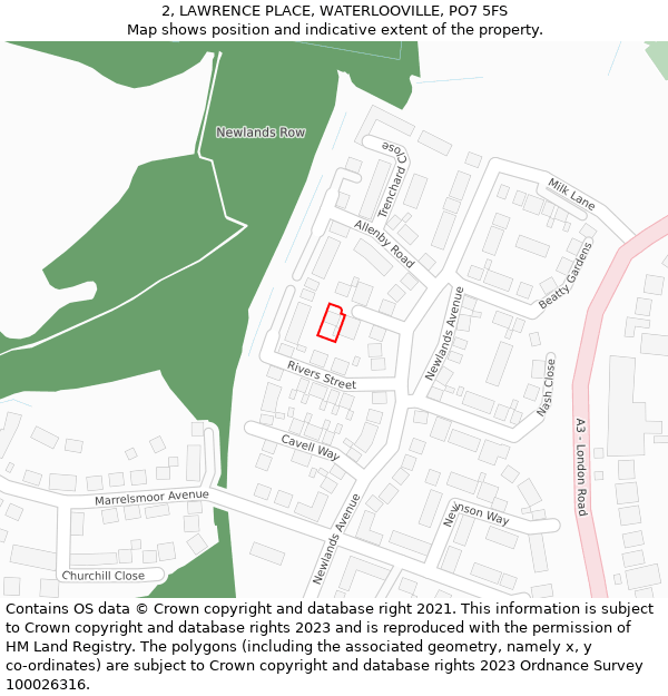 2, LAWRENCE PLACE, WATERLOOVILLE, PO7 5FS: Location map and indicative extent of plot