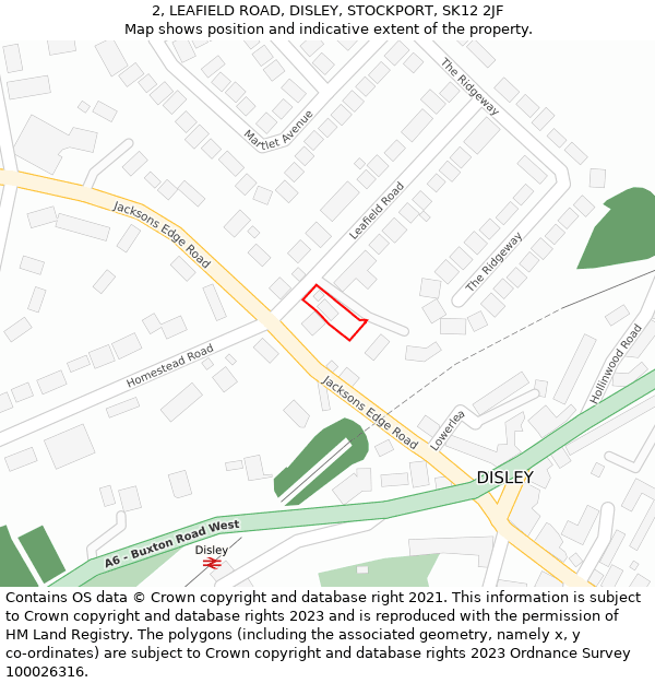 2, LEAFIELD ROAD, DISLEY, STOCKPORT, SK12 2JF: Location map and indicative extent of plot