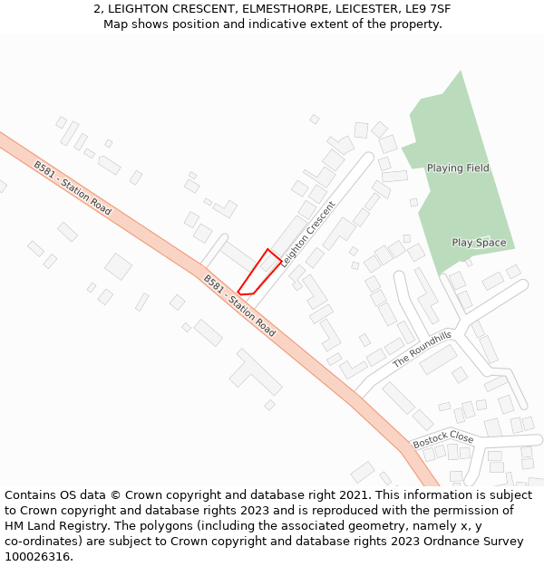 2, LEIGHTON CRESCENT, ELMESTHORPE, LEICESTER, LE9 7SF: Location map and indicative extent of plot