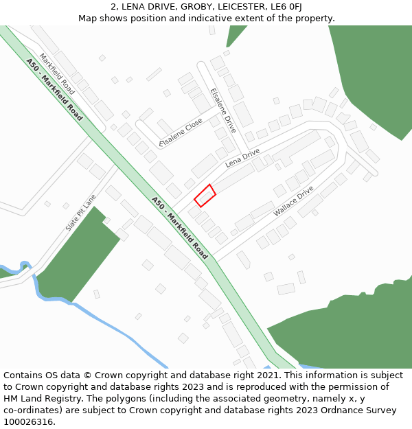 2, LENA DRIVE, GROBY, LEICESTER, LE6 0FJ: Location map and indicative extent of plot