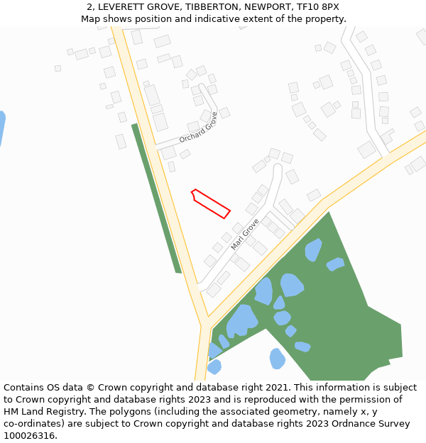 2, LEVERETT GROVE, TIBBERTON, NEWPORT, TF10 8PX: Location map and indicative extent of plot