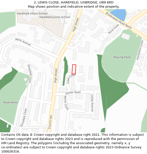 2, LEWIS CLOSE, HAREFIELD, UXBRIDGE, UB9 6RD: Location map and indicative extent of plot