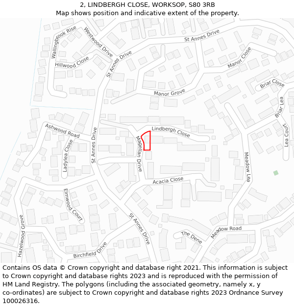 2, LINDBERGH CLOSE, WORKSOP, S80 3RB: Location map and indicative extent of plot