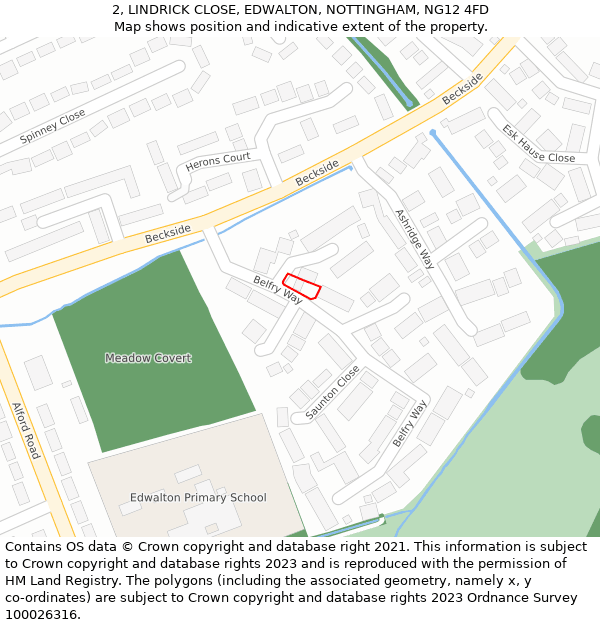 2, LINDRICK CLOSE, EDWALTON, NOTTINGHAM, NG12 4FD: Location map and indicative extent of plot