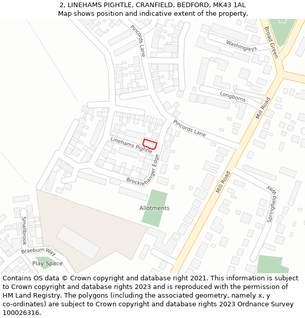 2, LINEHAMS PIGHTLE, CRANFIELD, BEDFORD, MK43 1AL: Location map and indicative extent of plot