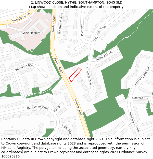 2, LINWOOD CLOSE, HYTHE, SOUTHAMPTON, SO45 3LD: Location map and indicative extent of plot