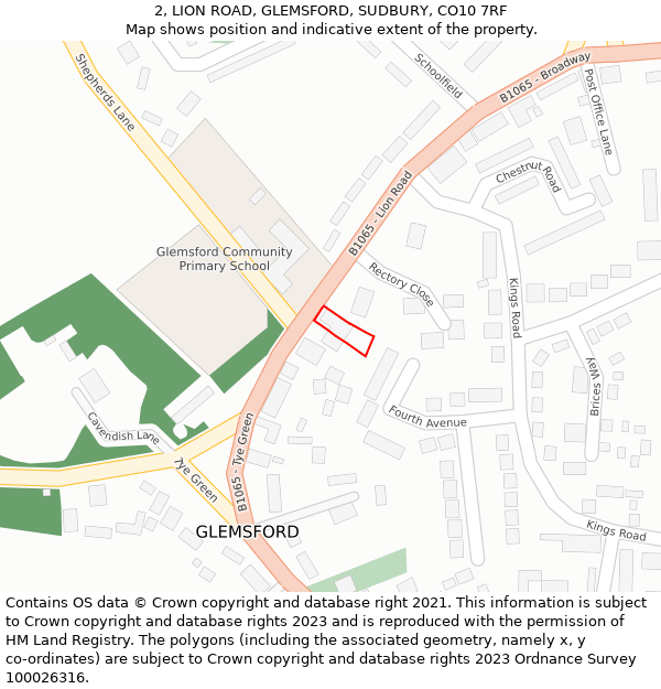 2, LION ROAD, GLEMSFORD, SUDBURY, CO10 7RF: Location map and indicative extent of plot