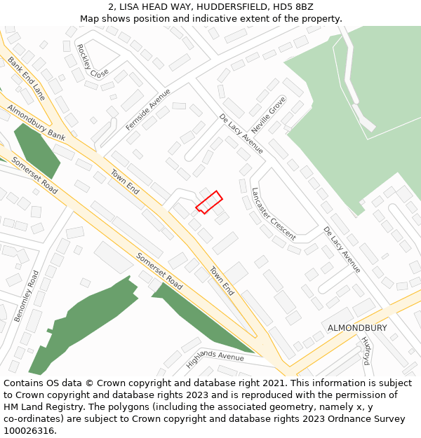 2, LISA HEAD WAY, HUDDERSFIELD, HD5 8BZ: Location map and indicative extent of plot