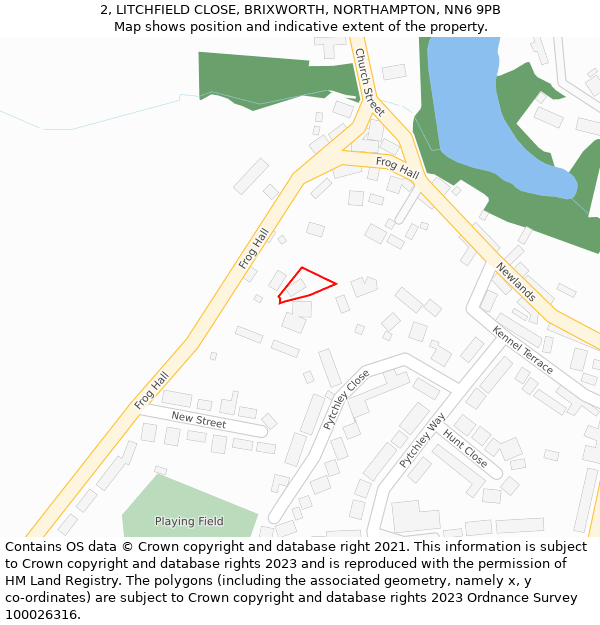 2, LITCHFIELD CLOSE, BRIXWORTH, NORTHAMPTON, NN6 9PB: Location map and indicative extent of plot