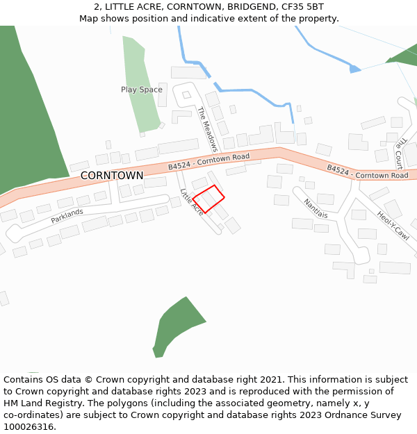 2, LITTLE ACRE, CORNTOWN, BRIDGEND, CF35 5BT: Location map and indicative extent of plot