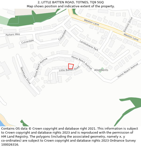 2, LITTLE BATTEN ROAD, TOTNES, TQ9 5GQ: Location map and indicative extent of plot