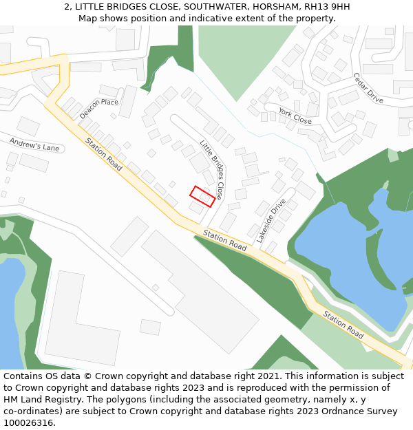 2, LITTLE BRIDGES CLOSE, SOUTHWATER, HORSHAM, RH13 9HH: Location map and indicative extent of plot