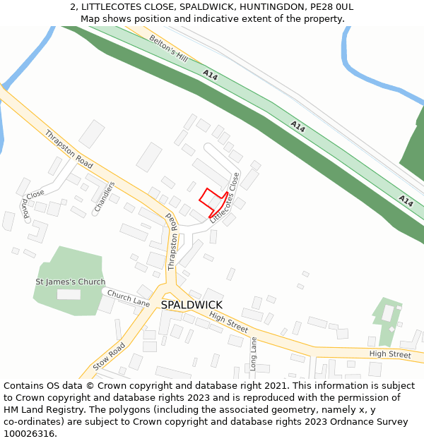 2, LITTLECOTES CLOSE, SPALDWICK, HUNTINGDON, PE28 0UL: Location map and indicative extent of plot