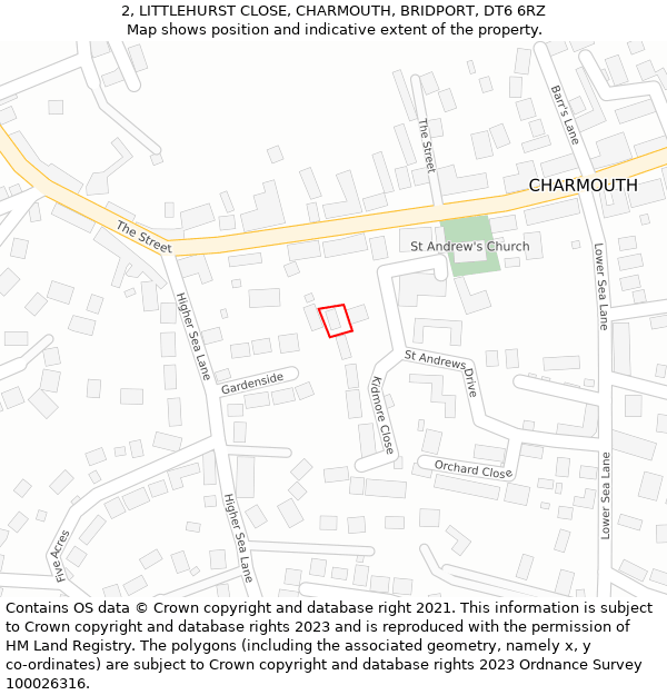 2, LITTLEHURST CLOSE, CHARMOUTH, BRIDPORT, DT6 6RZ: Location map and indicative extent of plot