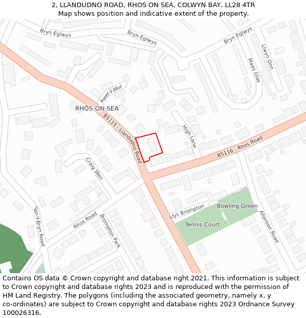 2, LLANDUDNO ROAD, RHOS ON SEA, COLWYN BAY, LL28 4TR: Location map and indicative extent of plot