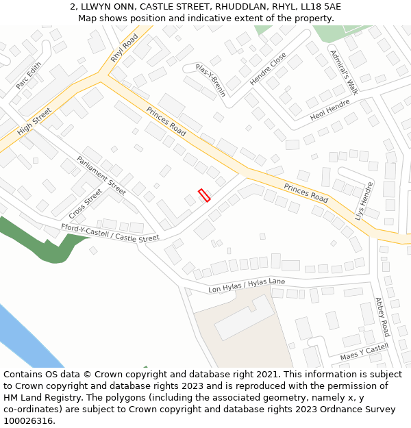 2, LLWYN ONN, CASTLE STREET, RHUDDLAN, RHYL, LL18 5AE: Location map and indicative extent of plot