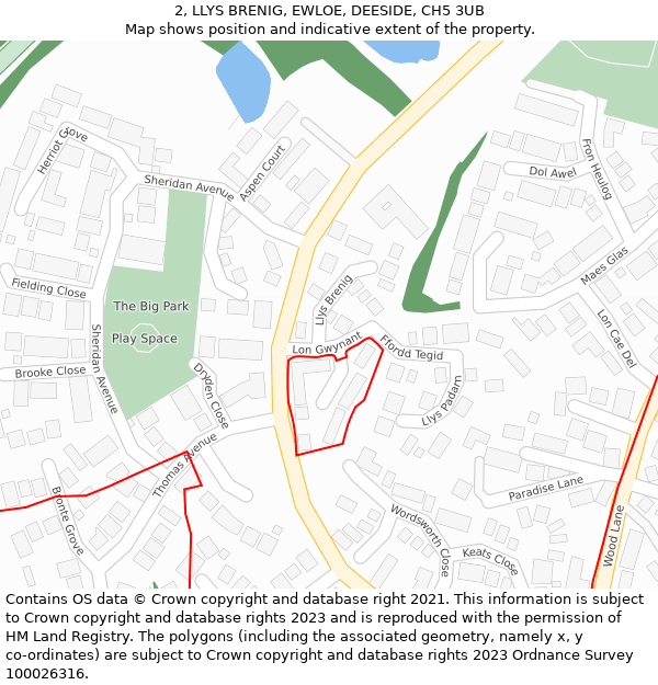 2, LLYS BRENIG, EWLOE, DEESIDE, CH5 3UB: Location map and indicative extent of plot