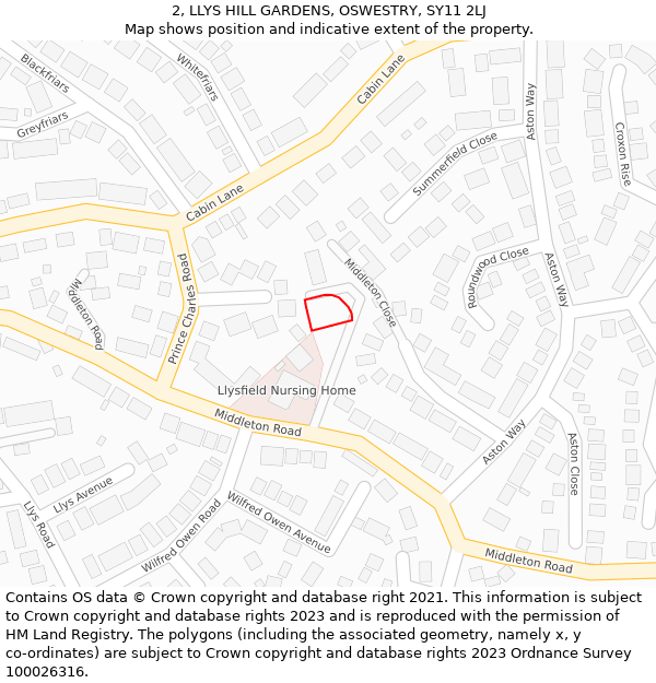 2, LLYS HILL GARDENS, OSWESTRY, SY11 2LJ: Location map and indicative extent of plot