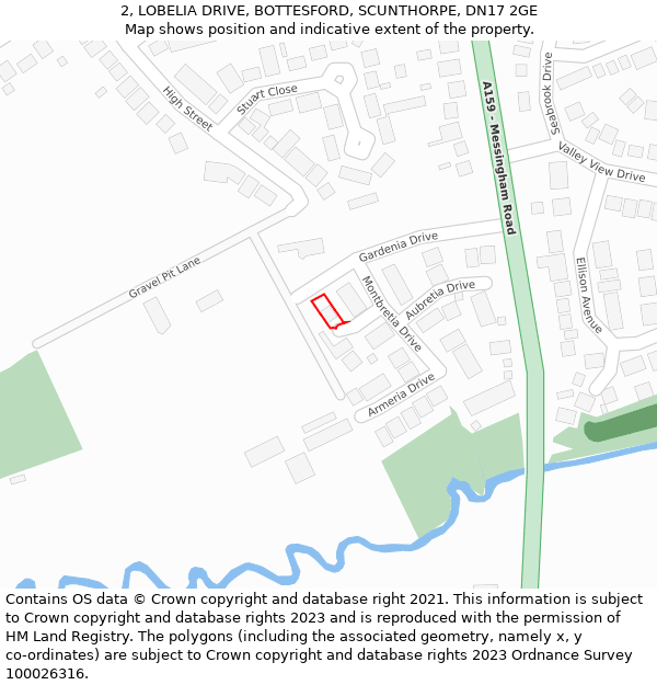 2, LOBELIA DRIVE, BOTTESFORD, SCUNTHORPE, DN17 2GE: Location map and indicative extent of plot