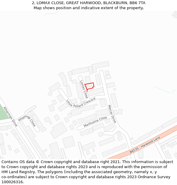 2, LOMAX CLOSE, GREAT HARWOOD, BLACKBURN, BB6 7TA: Location map and indicative extent of plot