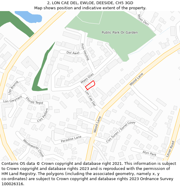 2, LON CAE DEL, EWLOE, DEESIDE, CH5 3GD: Location map and indicative extent of plot