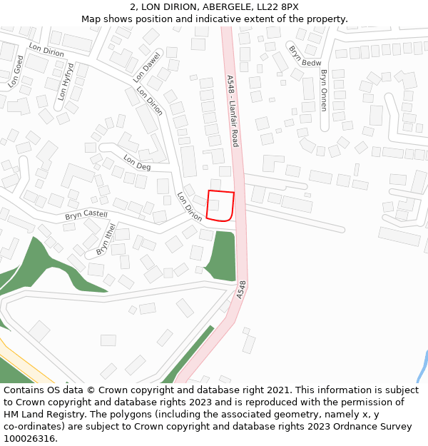 2, LON DIRION, ABERGELE, LL22 8PX: Location map and indicative extent of plot