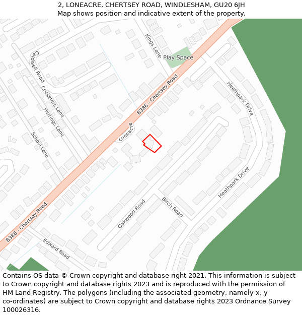 2, LONEACRE, CHERTSEY ROAD, WINDLESHAM, GU20 6JH: Location map and indicative extent of plot