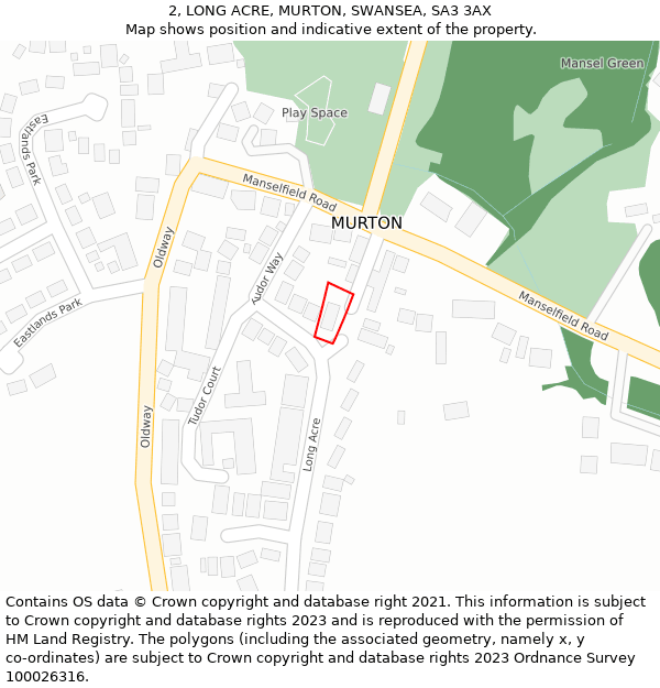 2, LONG ACRE, MURTON, SWANSEA, SA3 3AX: Location map and indicative extent of plot