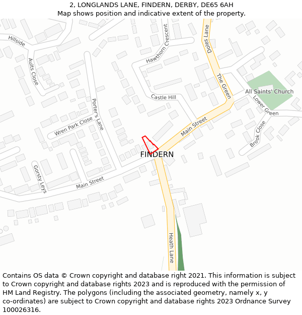 2, LONGLANDS LANE, FINDERN, DERBY, DE65 6AH: Location map and indicative extent of plot