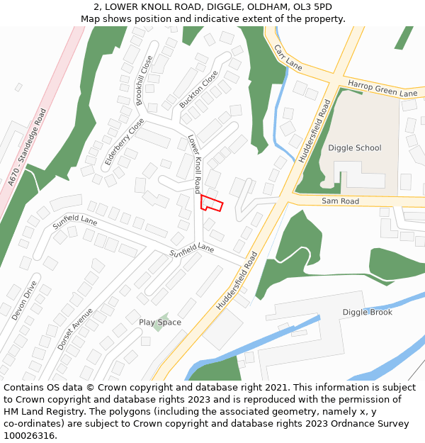 2, LOWER KNOLL ROAD, DIGGLE, OLDHAM, OL3 5PD: Location map and indicative extent of plot