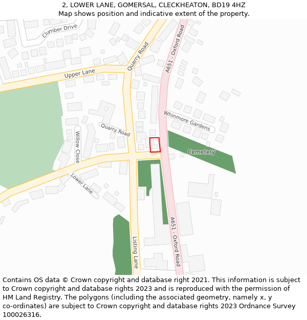 2, LOWER LANE, GOMERSAL, CLECKHEATON, BD19 4HZ: Location map and indicative extent of plot