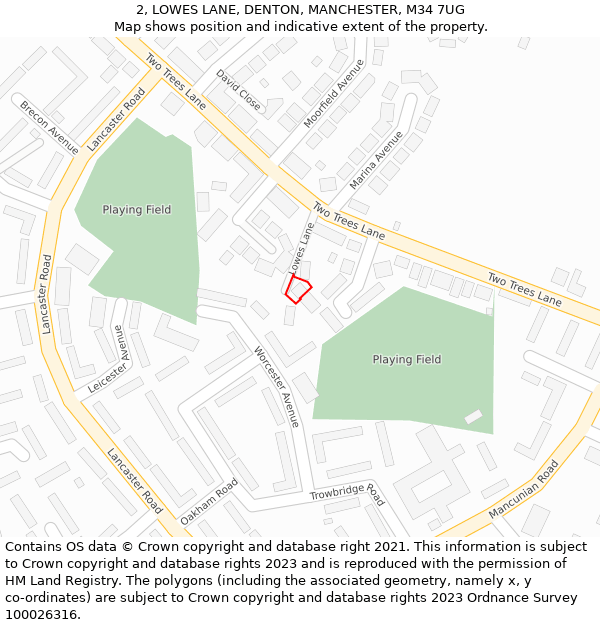 2, LOWES LANE, DENTON, MANCHESTER, M34 7UG: Location map and indicative extent of plot