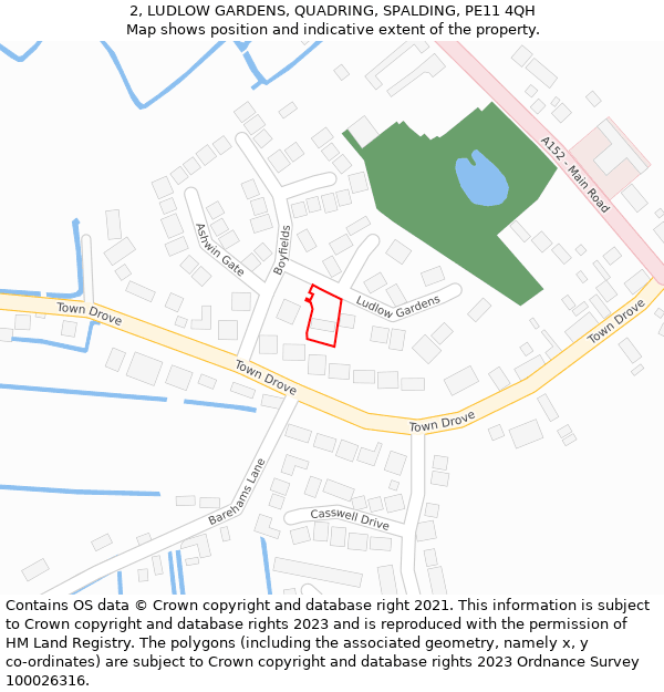 2, LUDLOW GARDENS, QUADRING, SPALDING, PE11 4QH: Location map and indicative extent of plot