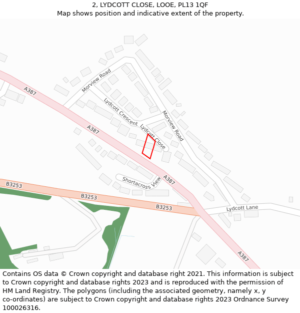 2, LYDCOTT CLOSE, LOOE, PL13 1QF: Location map and indicative extent of plot