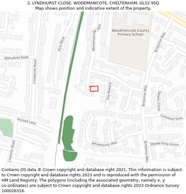 2, LYNDHURST CLOSE, WOODMANCOTE, CHELTENHAM, GL52 9SQ: Location map and indicative extent of plot