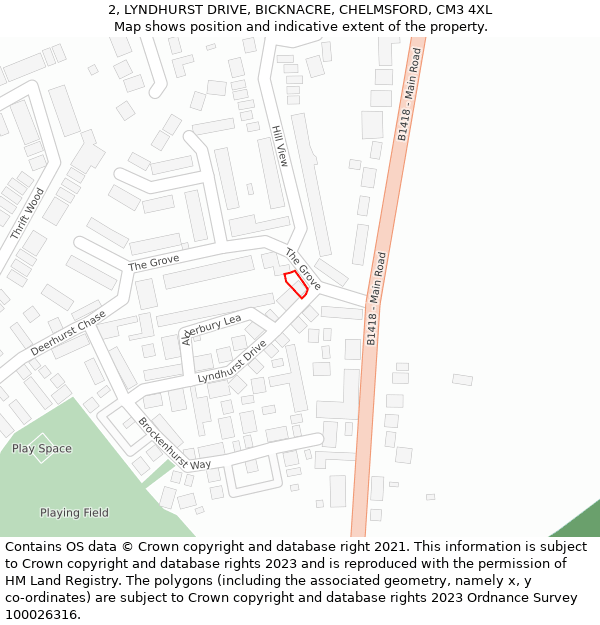 2, LYNDHURST DRIVE, BICKNACRE, CHELMSFORD, CM3 4XL: Location map and indicative extent of plot