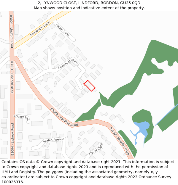 2, LYNWOOD CLOSE, LINDFORD, BORDON, GU35 0QD: Location map and indicative extent of plot