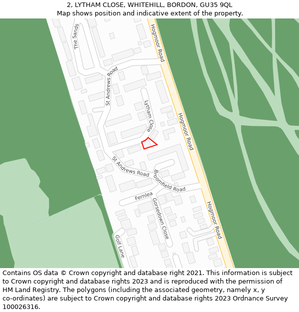 2, LYTHAM CLOSE, WHITEHILL, BORDON, GU35 9QL: Location map and indicative extent of plot