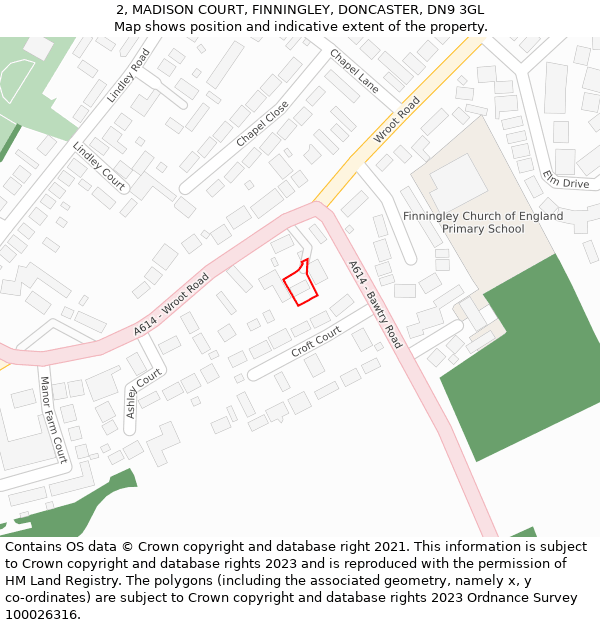 2, MADISON COURT, FINNINGLEY, DONCASTER, DN9 3GL: Location map and indicative extent of plot