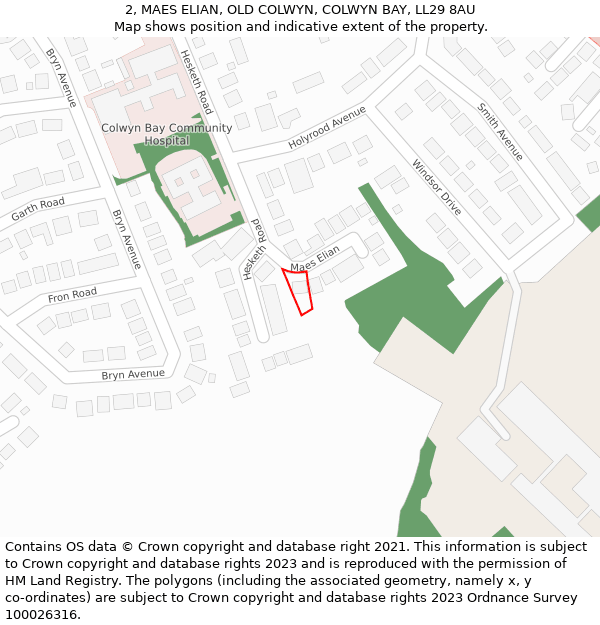 2, MAES ELIAN, OLD COLWYN, COLWYN BAY, LL29 8AU: Location map and indicative extent of plot