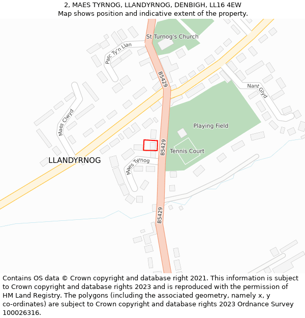 2, MAES TYRNOG, LLANDYRNOG, DENBIGH, LL16 4EW: Location map and indicative extent of plot