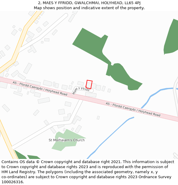 2, MAES Y FFRIDD, GWALCHMAI, HOLYHEAD, LL65 4PJ: Location map and indicative extent of plot