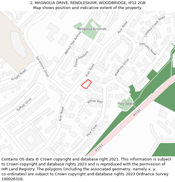 2, MAGNOLIA DRIVE, RENDLESHAM, WOODBRIDGE, IP12 2GB: Location map and indicative extent of plot