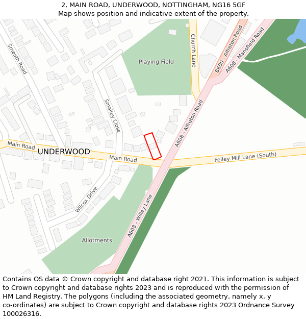 2, MAIN ROAD, UNDERWOOD, NOTTINGHAM, NG16 5GF: Location map and indicative extent of plot