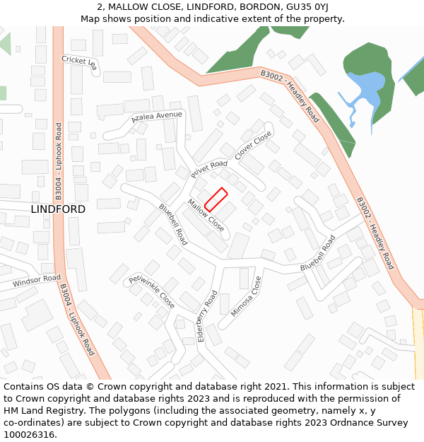 2, MALLOW CLOSE, LINDFORD, BORDON, GU35 0YJ: Location map and indicative extent of plot