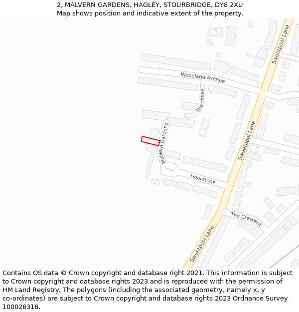 2, MALVERN GARDENS, HAGLEY, STOURBRIDGE, DY8 2XU: Location map and indicative extent of plot