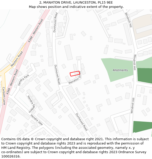 2, MANATON DRIVE, LAUNCESTON, PL15 9EE: Location map and indicative extent of plot