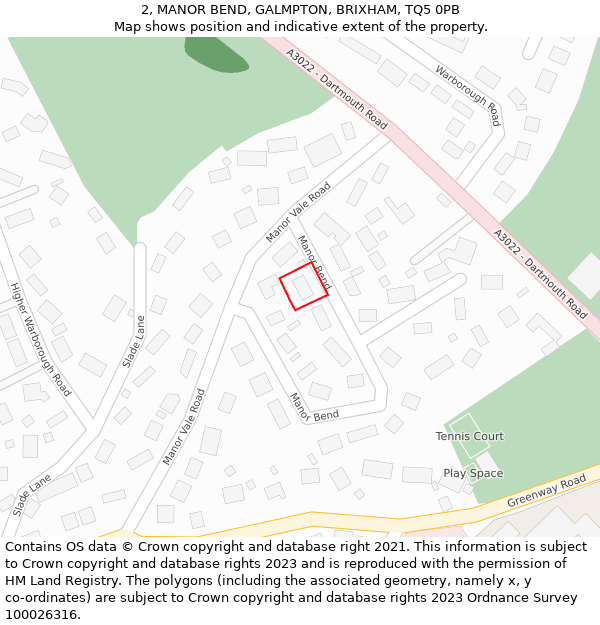 2, MANOR BEND, GALMPTON, BRIXHAM, TQ5 0PB: Location map and indicative extent of plot
